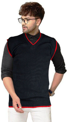 Sanzzy Solid V Neck Casual Men Black Sweater