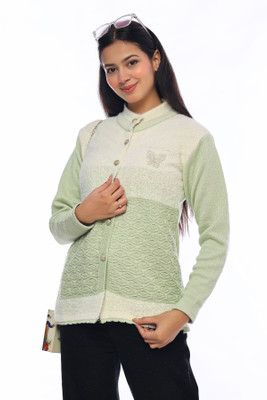 dutchdream Self Design Collared Neck Lounge Wear Women Light Green, White Sweater