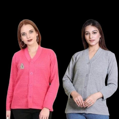 LUXURIOUS DESIGN Self Design V Neck Casual Women Pink, Grey Sweater