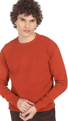 Arrow Sport Solid Round Neck Casual Men Orange Sweater