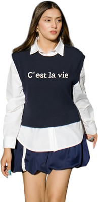 HouseOfCommon Self Design V Neck Lounge Wear Women Blue Sweater