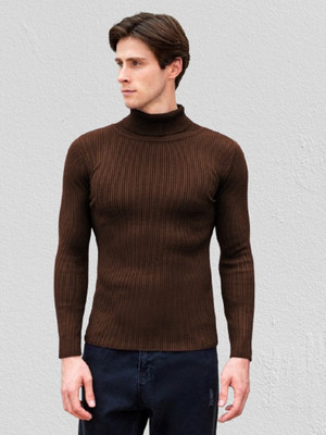 LIME Self Design Turtle Neck Casual Men Brown Sweater