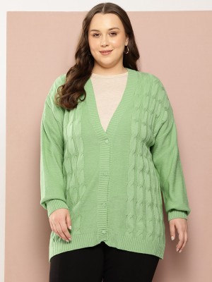 Sztori Self Design V Neck Casual Women Green Sweater