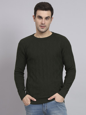eWools Self Design Round Neck Casual Men Black Sweater