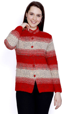 HITTIKA Self Design, Woven Round Neck Casual Women Red Sweater