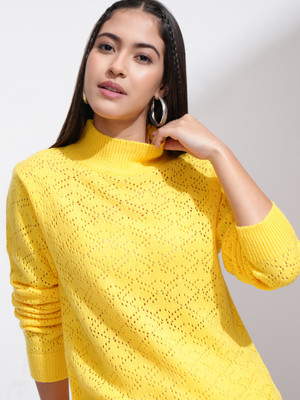 Tokyo Talkies Self Design High Neck Casual Women Yellow Sweater
