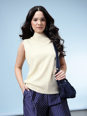 Glitchez Self Design High Neck Casual Women White Sweater