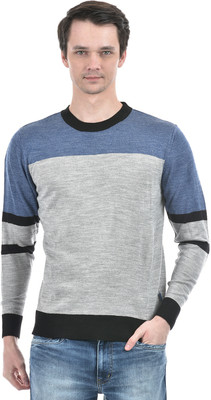NUMERO UNO Colorblock Round Neck Casual Men Grey Sweater