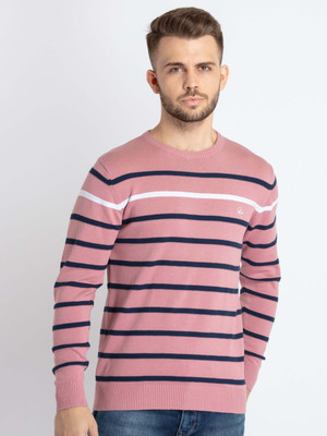 Status Quo Striped Round Neck Casual Men Pink Sweater
