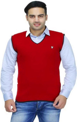 Homezilla Solid V Neck Casual Men Red Sweater