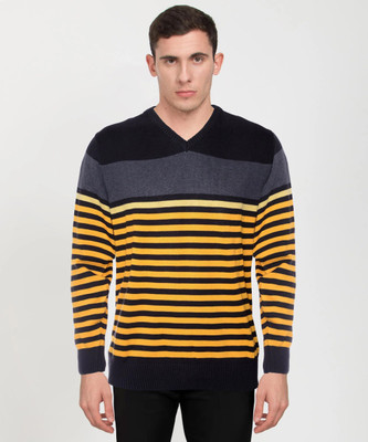 MPAgency Striped V Neck Casual Men Yellow, Grey, Black Sweater