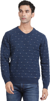 t-base Self Design V Neck Casual Men Dark Blue Sweater