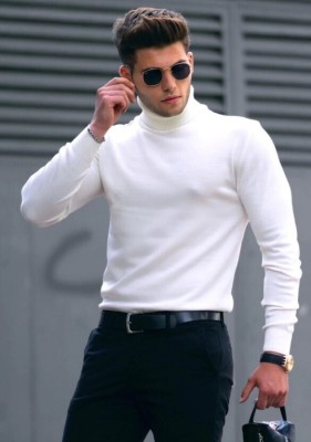 Dhanlaxmi Striped High Neck Casual Men White Sweater