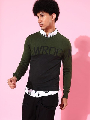 WROGN Colorblock Round Neck Casual Men Green Sweater