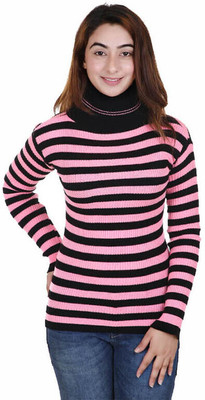 adibaba Striped Turtle Neck Casual Women Pink, Black Sweater
