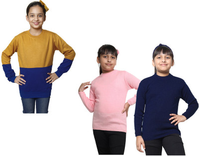 KAVYA Solid Round Neck Casual Girls Multicolor Sweater