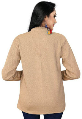 Shunit creation Self Design V Neck Lounge Wear Women Beige Sweater