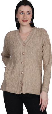 HITTIKA Self Design V Neck Casual Women Beige Sweater