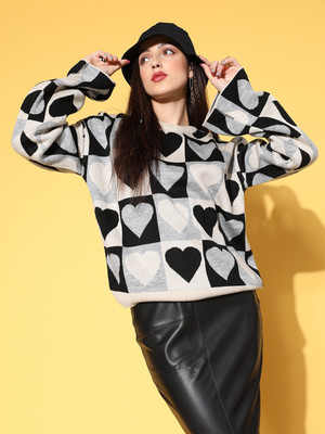 Berrylush Printed Round Neck Casual Women Black Sweater