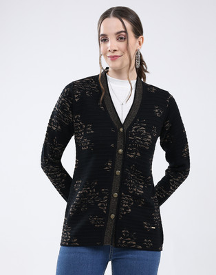 MONTE CARLO Self Design V Neck Casual Women Black Sweater