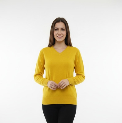 Aryans Design Den Solid V Neck Casual Women Yellow Sweater