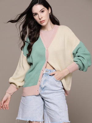 Roadster Colorblock V Neck Casual Women Beige Sweater