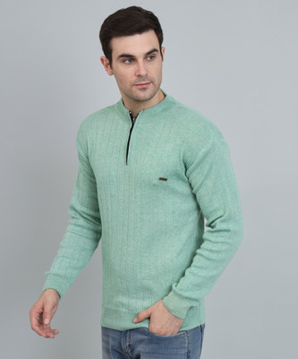 HERMISTON Solid Mandarin Neck Casual Men Light Green Sweater