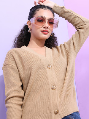 Tokyo Talkies Solid V Neck Casual Women Beige Sweater