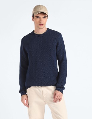 FLYING MACHINE Solid Crew Neck Casual Men Blue Sweater