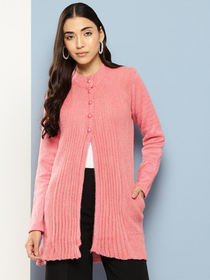 Aarika Self Design Collared Neck Casual Women Pink Sweater