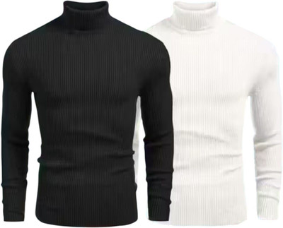 At Last Fashion Solid High Neck Casual Men Black, White Sweater