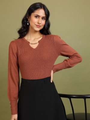 Tokyo Talkies Solid V Neck Casual Women Brown Sweater