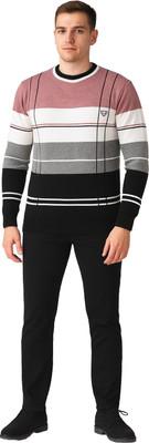 manra Striped Round Neck Casual Men Pink Sweater