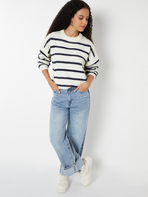 MAX Striped Round Neck Casual Women White Sweater