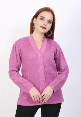 Kiyaanu Solid V Neck Formal Women Reversible Purple Sweater