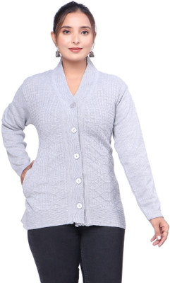 WOOL 4U Solid V Neck Casual Women Grey Sweater