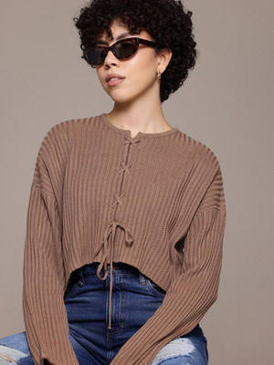Roadster Printed Round Neck Casual Women Brown Sweater