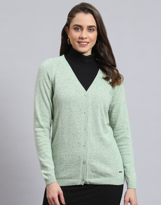MONTE CARLO Solid V Neck Casual Women Light Green Sweater