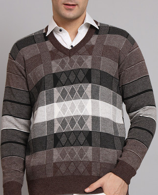 eWools Self Design V Neck Casual Men Brown, Multicolor Sweater