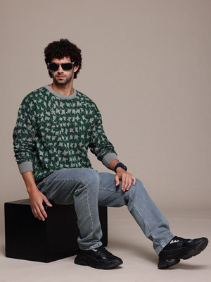 Roadster Self Design Round Neck Casual Men Green Sweater