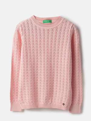 United Colors of Benetton Printed Round Neck Casual Girls Pink Sweater