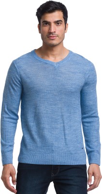 PARX Solid V Neck Casual Men Blue Sweater