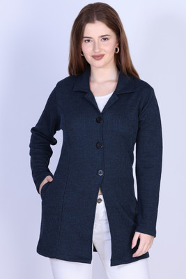 Urban Warms Solid Collared Neck Casual Women Dark Blue Sweater