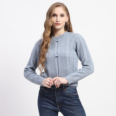 MADAME Solid Round Neck Casual Women Blue Sweater