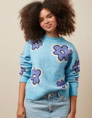 American Eagle Floral Print Crew Neck Casual Women Blue Sweater