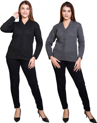 Japroz Solid V Neck Formal Women Black, Grey Sweater