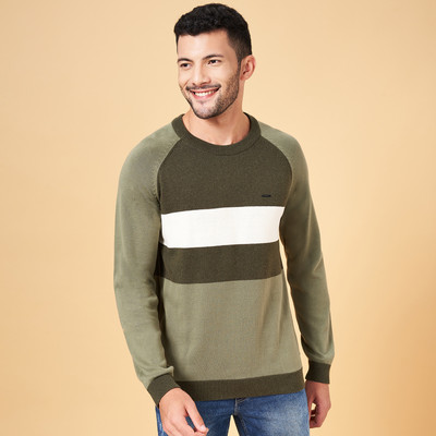 Byford by Pantaloons Colorblock Round Neck Casual Men Green Sweater