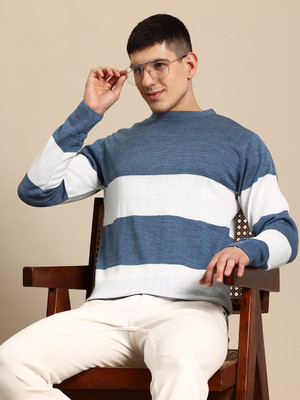 Mast & Harbour Colorblock Round Neck Casual Men Blue, White Sweater
