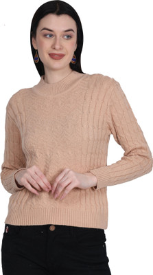 HITTIKA Self Design Round Neck Casual Women Beige Sweater