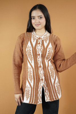 CreativePanther Printed Collared Neck Casual Women Reversible Brown Sweater